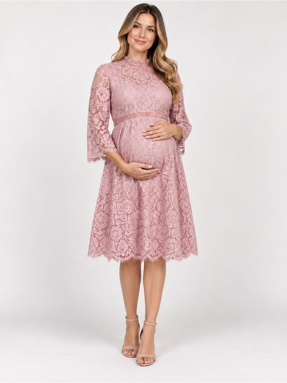 Seraphine Blush Lace Maternity Midi Dress 4 LUXE Silk Lined Wedding Guest Formal